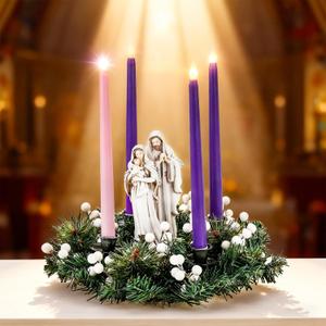 6 Pcs Christmas Advent Wreath Candle Holder with 4 Pcs Flameless Candle Christ Holy Family Statue Candlestick Wreaths Holder Centerpiece for Christmas Home Church Table Decor(Green,Long)