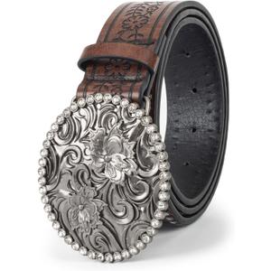 Womens-Western-Belt Rhinestone-Cowboy-Cowgirl Belt - Embossed PU-Leather Belt with Diamond Flower-Buckle(for 31-38'') (Brown)