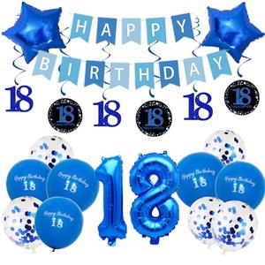 Pargleev 18th Birthday Party Decorations for Boys Girls in Blue Comprise Balloons with Swirl Decorations, A Happy Birthday Banner, A Set of 16-Inch "18" Numbers and Star Foil Balloons in Blue.