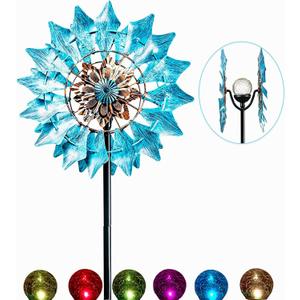 Solar Wind Spinner New Azure 75in Multi-Color Seasonal LED Lighting Solar Powered Glass Ball with Kinetic Wind Spinner Dual Direction for Patio Lawn & Garden
