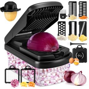 Vegetable Chopper,12-in-1 Multifunctional Food Chopper,Professional Onion Chopper with 7 Blades,Vegetable Cutter with Container for Salad,Potato,Carrot,and Garlic; Essential Kitchen Tool (White)