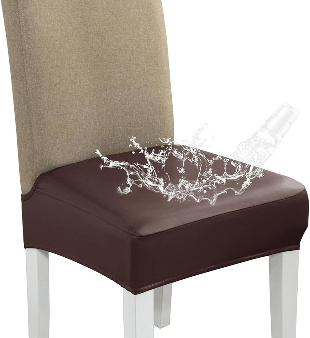 CALBODE Waterproof PU Leather Seat Covers, Set of 6, Coffee | Stretch Chair Slipcovers, Soft Removable Washable, For Dining Chairs, Kitchen Seat Protectors