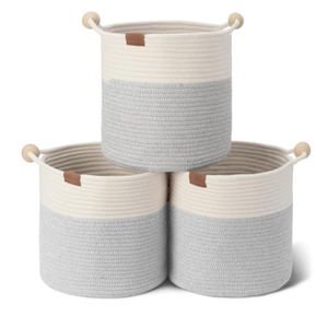 Woven Storage Baskets for Organizing, Woven Basket with Wooden Handles, 12.5 x 12.5 Woven Baskets for Storage, Small Woven Cube Storage Basket for Living Room, White&Light Brown, 3-Pack