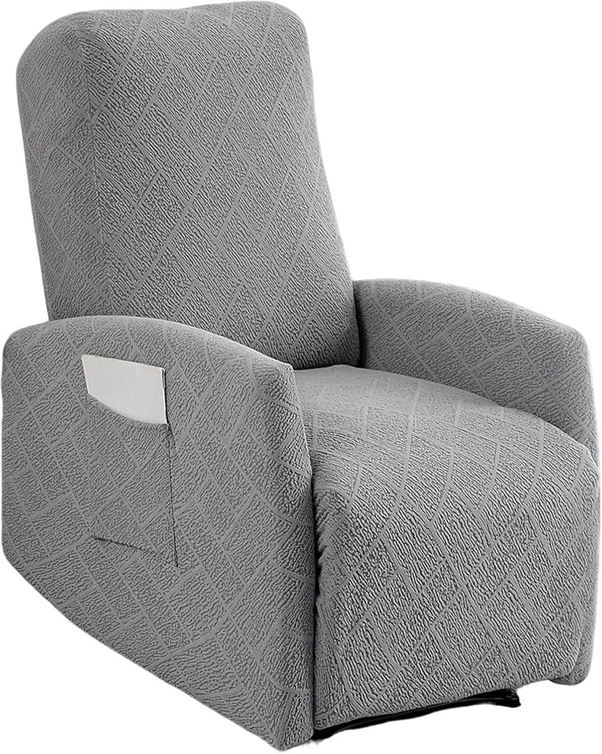 Recliner Chair Covers 4 Pieces Jacquard Small Recliner Sofa Slipcover Stretch Recliner Slipcover for Lazyboy Recliner Chair with Storage Pocket Furniture Protector for Living Room,Light Grey