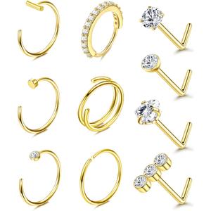 Besteel 14K Gold Filled Nose Ring Studs 20G Nose Rings Hoops Stud 316L Stainless Steel Nose Rings Round CZ Heart L Shaped Nose Stud Hypoallergenic Nostril Piercing Jewelry for Women Men 10Pcs