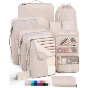 10 Set/8 Set Packing Cubes for Travel, Gifts for Women Mom,Anti-Tearing Suitcase Organizer for Luggage with Shoe & Hanging Toiletry Bag,OlarHike Vacation Essentials & Accessories for Cruise Ship,Cream (8 set (Short-Term Trip), 8 set - Angel Cream)