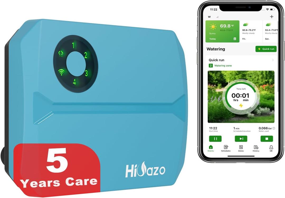 Smart Sprinklers Controller WiFi, Irrigation Controller Easy Use App Enabled, 4 Zone + 16 Plans, Save Water Auto Skip Rain, Freeze & Wind, 10 Minutes Install
