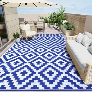 OLANLY Waterproof Outdoor Rug 9x18 ft, Outdoor Plastic Straw Rug for Camping, RV Mat Outside, Outdoor Carpet for Porch, Deck, Backyard, Balcony, Picnic, Blue & White