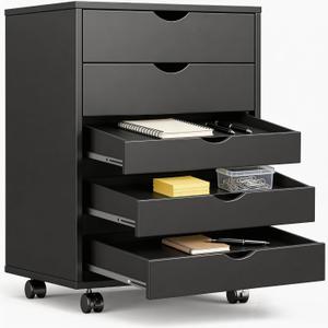 Simple Deluxe 5 Drawer Chest Mobile Storage Cabinets Small Wooden Dresser with Wheels Room Organization Furniture for Office Home, Black Wood, 15.8"D x 18.7"W x 25.4"H