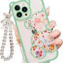 for iPhone 8 Case with Cute Flowers Bear Pattern, Camera Protector, Clear Phone Case and Lovely Strap Bracelet Chain, Compatible for iPhone 8 for Girls Women (Green)