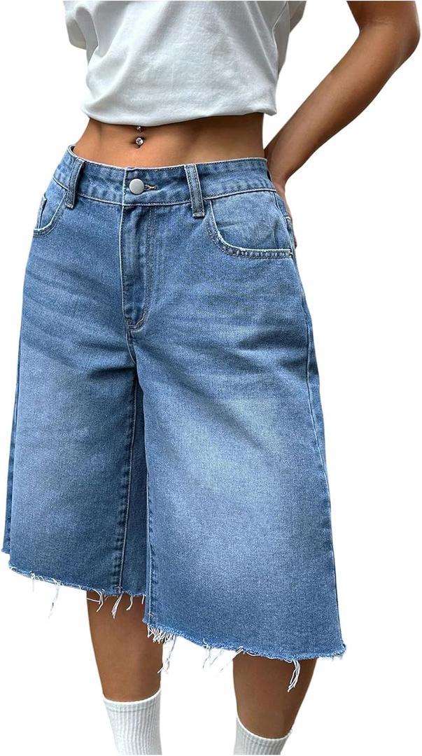 WDIRARA Women's Low Rise Baggy Denim Shorts Wide Leg Bermuda Jean Shorts (30, Frayed Blue)