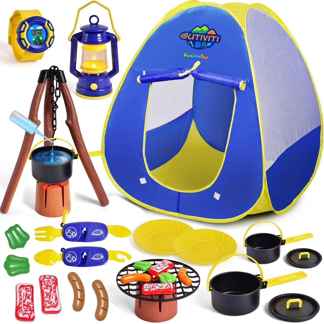 FUN LITTLE TOYS Kids Play Tent with Camping Toys, Toddler Tent with Battery Lantern, Kids Pop Up Tent Indoor Outdoor Toys Christmas Birthday Gifts for Boys (Yellow Blue)