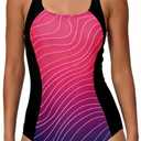 Halcurt Women's Athletic Swimsuit Adjustable Strap One Piece Swimsuit Racerback Bathing Suit (Large, Black Ombre Geometric)