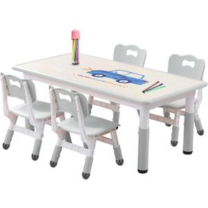 Kids Table and Chair Set for Toddlers - Adjustable Activity Center with Non-Slip Legs & Graffiti-Proof Surface Ages 3-12 (Wood Grey)