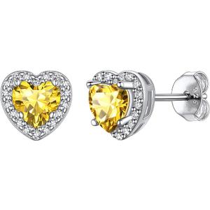 Suplight 925 Sterling Silver Birthstone Earrings Stud Round/Heart/Teardrop/Square Crystal Earrings for Women, Diamond Silver Earrings Dainty Gifts for Women Birthday Unique Minimalist Jewelry (style b-11. heart-November(Created Citrine))