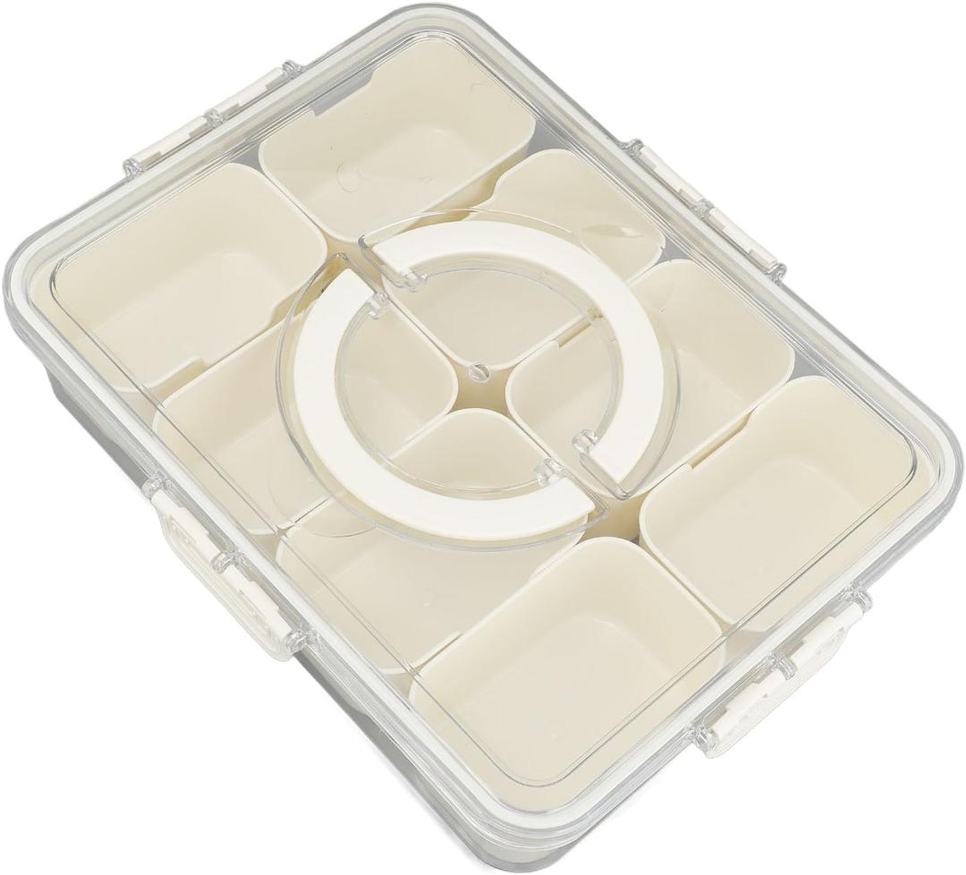 aqxreight Sectioned Serving Platter, Divided Tray with Lid and Handle for Home Picnic, 8 Compartments, Multifunctional Airtight Plastic Seasoning Platter, for Snacks, Nuts, Dried