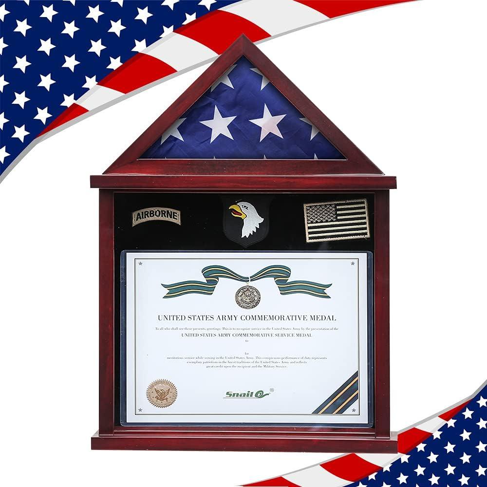 Flag Display Case Military Shadow Box Fits a Folded 3'x5' Army Navy Air Force Veterans Home Flown Flag with Certificate Document Holder Frame and Felt Lining for Badges and Medals, MAHOGANY Finish