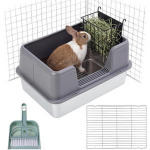 Zonon Extra Large Rabbit Litter Box, 23.6" L x 15.7" W x 12.4" H Stainless Steel Rabbit Litter Box with Lid, Hay Feeder with Hooks, Footed Metal Grid, Easy to Clean for Medium and Large Rabbits