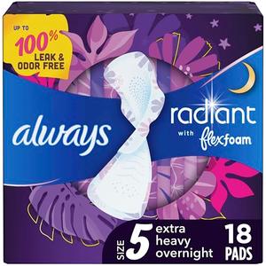 Always Radiant Flexfoam Pads for Women, Size 5, Extra Heavy Overnight Absorbency, With Wings, Scented, 18Count (Pack Of 3)