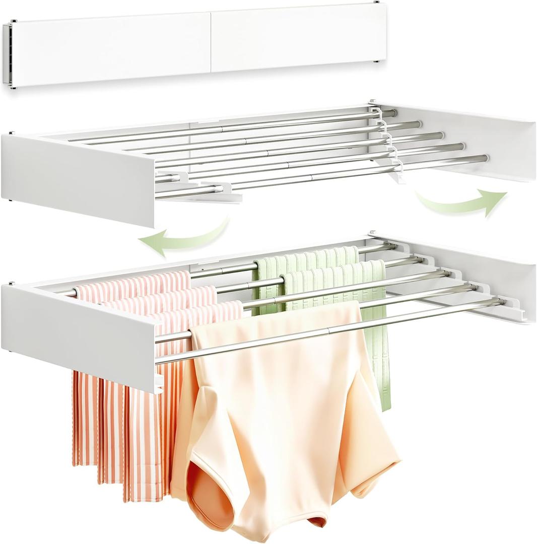 BOQORAD Clothes Drying Rack Wall Mounted 32,Drying Rack Clothing Wall Mount,Laundry Drying Rack,Wall Mounted Clothes Hanging Rack (White)