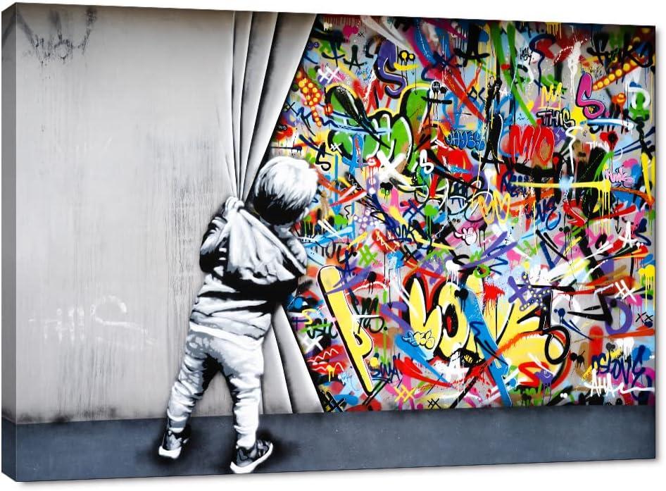 Yatsen Bridge Behind The Curtain Canvas Prints Banksy Graffiti Wall Art Paintings Pop Art Colorful Posters Stretched Pictures for Living Room Modern Home Decor Framed Ready to Hang(44''W x 28''H)