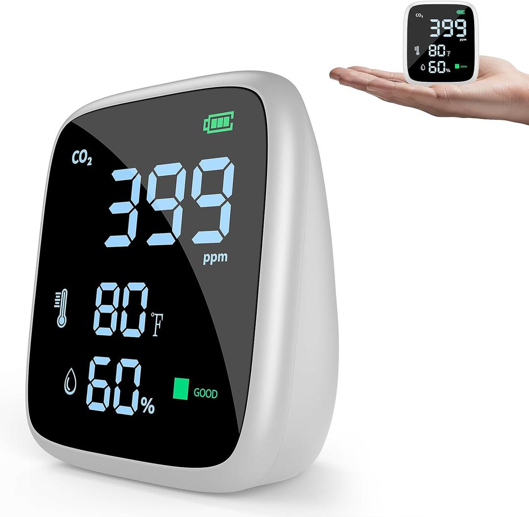 5-in-1 CO2 Carbon Dioxide Detector, Dienmern Portable Air Quality Monitor Indoor, 1600mAh Powerful Battery CO2 Monitor for CO2/Temp/Humidity, LED Display CO2 Detector for Travel/Office/Home/Grow Tents