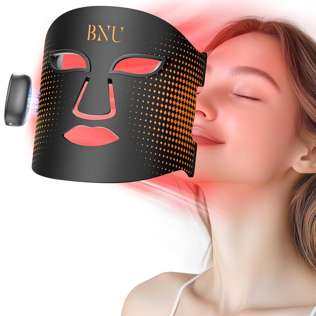BNU Wireless Led Face Mask Light Therapy, 3 Modes Red Light Therapy for Face with 400 LED Beads, Dual 1000mAh Remote Control, 850NM Infrared Red Light Therapy for Anti-Aging at Home & Travel (Deep Black)