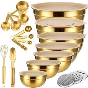 20 PCS Gold Mixing Bowls with Lids Set - 7 Mixing Bowls with 3 Graters, 8 Measuring Spoons, 1 Whisk, and 1 Food Tong, Nesting Bowl Set for Baking, Cooking, Meal Prep