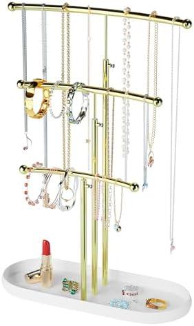 SZQINJI Jewelry Stand Organizer, Metal Jewelry Tree Holder 3-Tier Jewelry Storage Tower for Necklace Display, Bracelet Hanging Gold White Christmas Gift