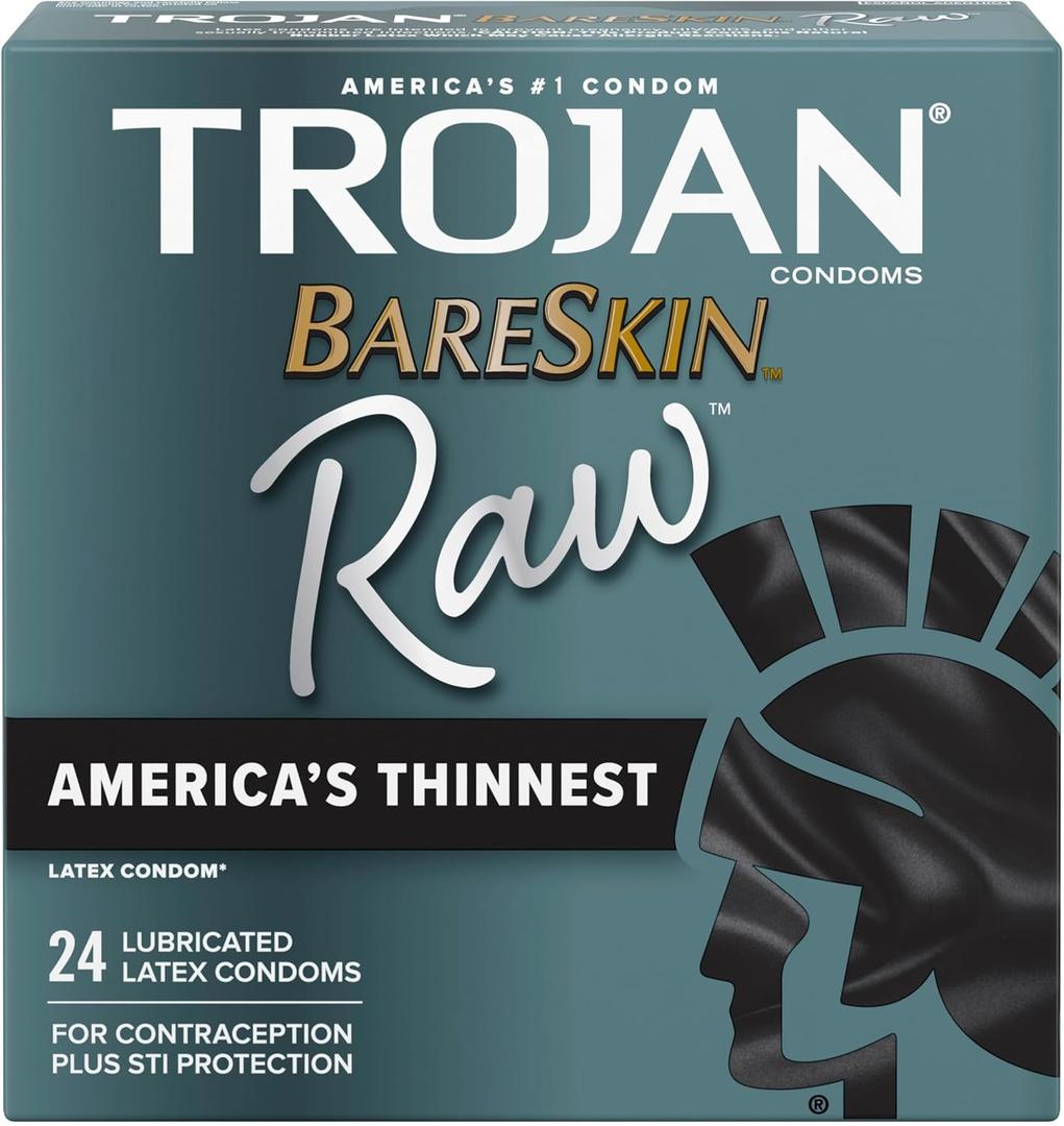 TROJAN BareSkin Raw Ultra Thin Condoms, Lubricated Thin Condoms for Men, America's #1 Condom Brand, 24 Count Pack