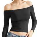 SUUKSESS Women Off Shoulder Double Lined Long Sleeve Shirts Basic Going Out Tops (Black, L)