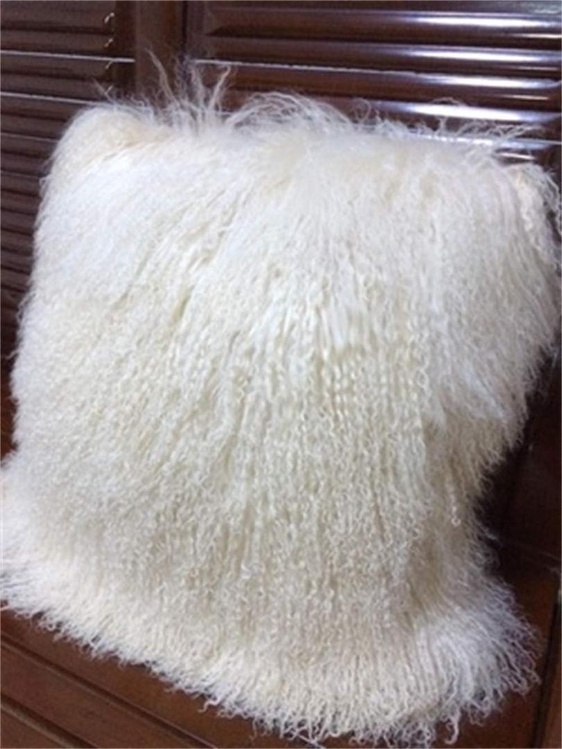 Mongolian Lamb Fur Throw Pillow Cover Soft Fluffy Decorated for Livingroom Car Accessories, 45cm (18" x18) White