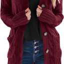 PRETTYGARDEN Long Sleeve Cable Knit Long Cardigan for Women 2025 Fall Winter Chunky Open Front Button Sweaters with Pockets (Medium, Red)
