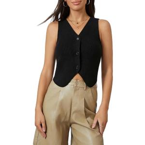Women's Sweater Vest Sleeveless V-Neck Knitted Button Down Crop Top Spring Summer Casual Trendy Going Out Top Outfit (Large, Black)