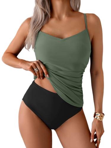 Eomenie Tankini Swimsuits for Women Two Piece Tummy Control Bathing Suit Slimming Modest Swimwear with High Waisted Bottom, Army Green Black, Size S