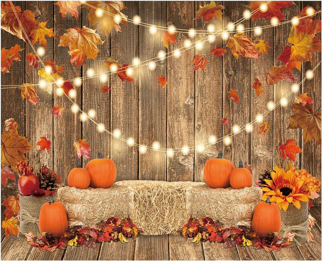 Funnytree 10x8FT Fall Pumpkin Photography Backdrop Autumn Tanksgiving Harvest Hay Leaves Wooden Background Sunflower Maple Baby Shower Banner Decoration Party Supplies Photo Booth Prop
