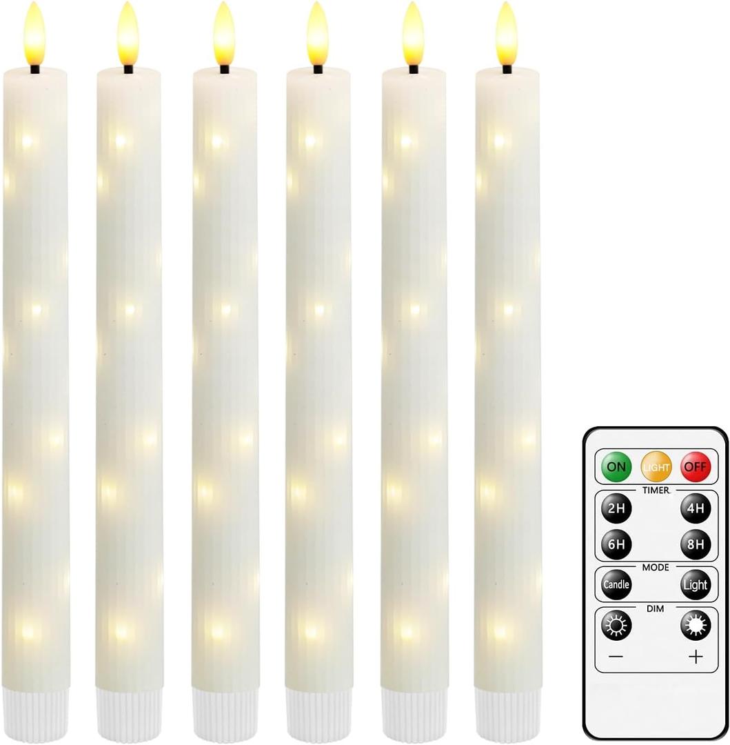 Real Wax Flameless Taper Candles with Remote Timer,6 Pcs Taper Battery Operated Candle,9.6 Inches LED Candles with Embedded Star String for Home Decor Holiday Party,White (Vertical grain-White)