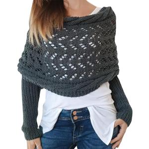 Knitted Cable Wrap for Women Multifunctional Scarf with Sleeves Crochet Sweater Scarf with Sleeves (Dark Grey)