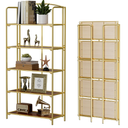 Crofy 5-Tier Wider Foldable Bookshelf, Gold Frame & Walnut Shelves | Collapsible Portable Storage Organizer; Sturdy Walnut Finish Shelves; Ideal for Living Room & Home Office