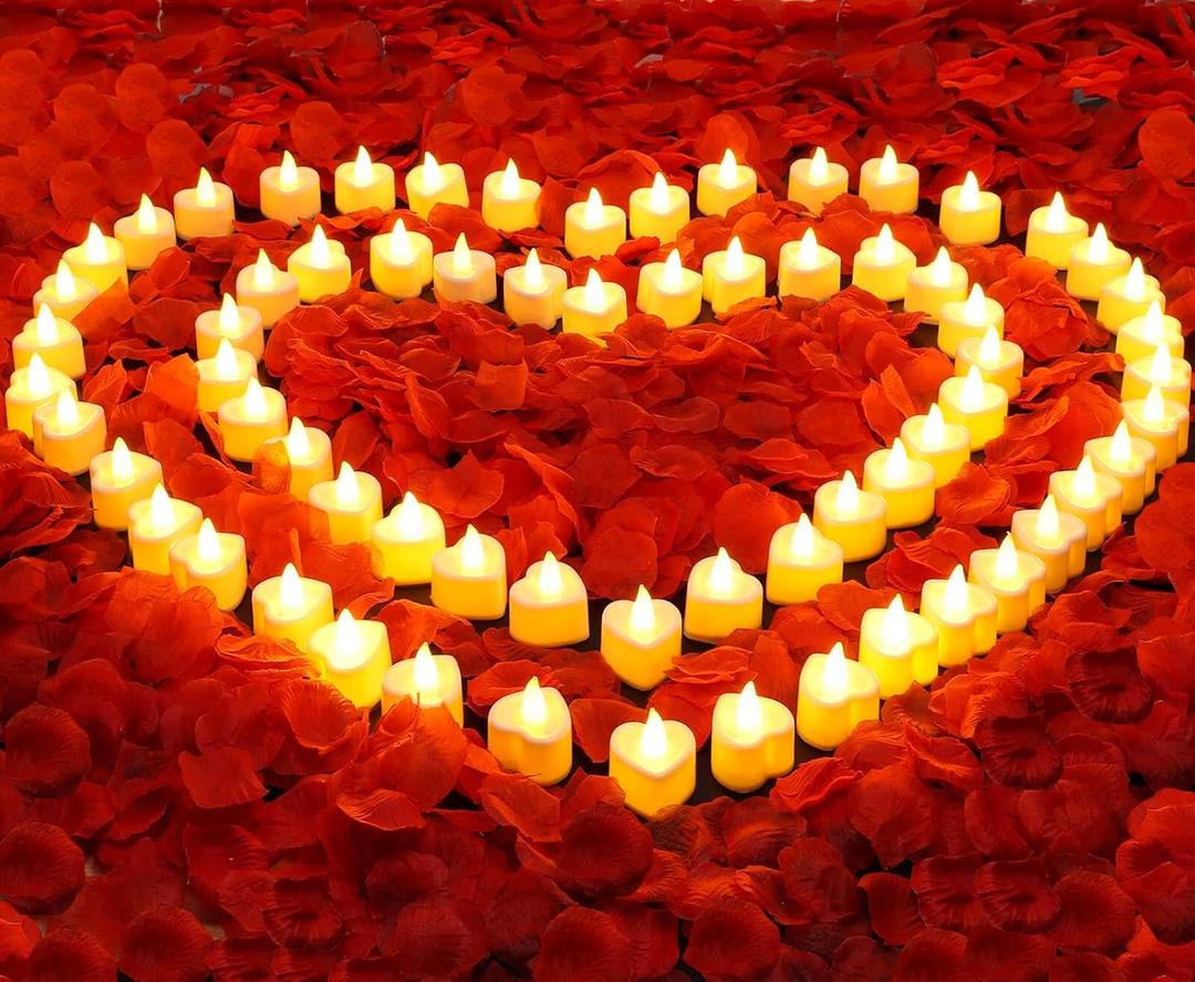 Acejoz Rose Petals and Candles Set, 6000 Pieces Fake Rose Petals and 72 Pieces Heart Candle Lights for Bedroom Romantic Decorations for Special Night, Wedding, Anniversary, Valentines Day