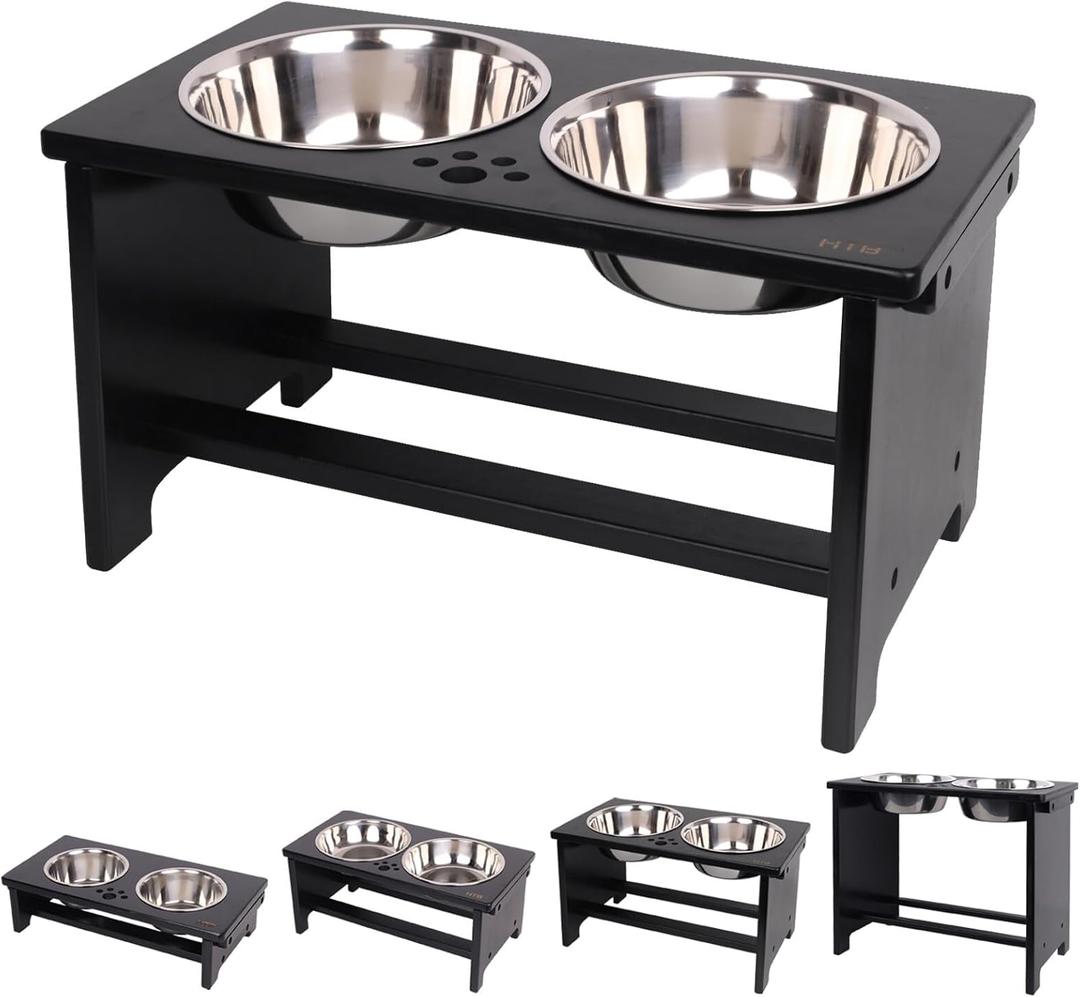 HTB Elevated Dog Bowls,Raised Dog Bowl Stand with 2 Stainless Steel Bowls,Elevated Raised Dog Bowls for Large Medium Small Sized Dogs (large-10"tall,48 Oz bowl, Black)