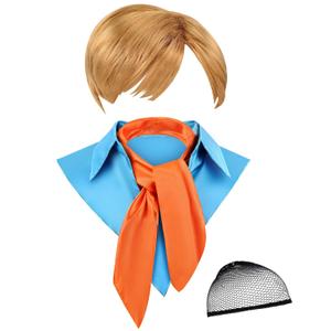 Halloween Deluxe Costume for Adult Fake Collar Detachable Dickey Collar Orange Square Neck Scarf Synthetic Short Wigs with Mesh Net Wig Caps Cosplay