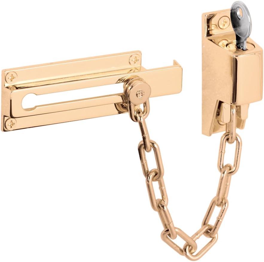 Prime-Line U 9912 Keyed Chain Door Guard, 3-1/4 In., Steel and Diecast Construction, Brite Brass-Plated Finish (Single Pack)