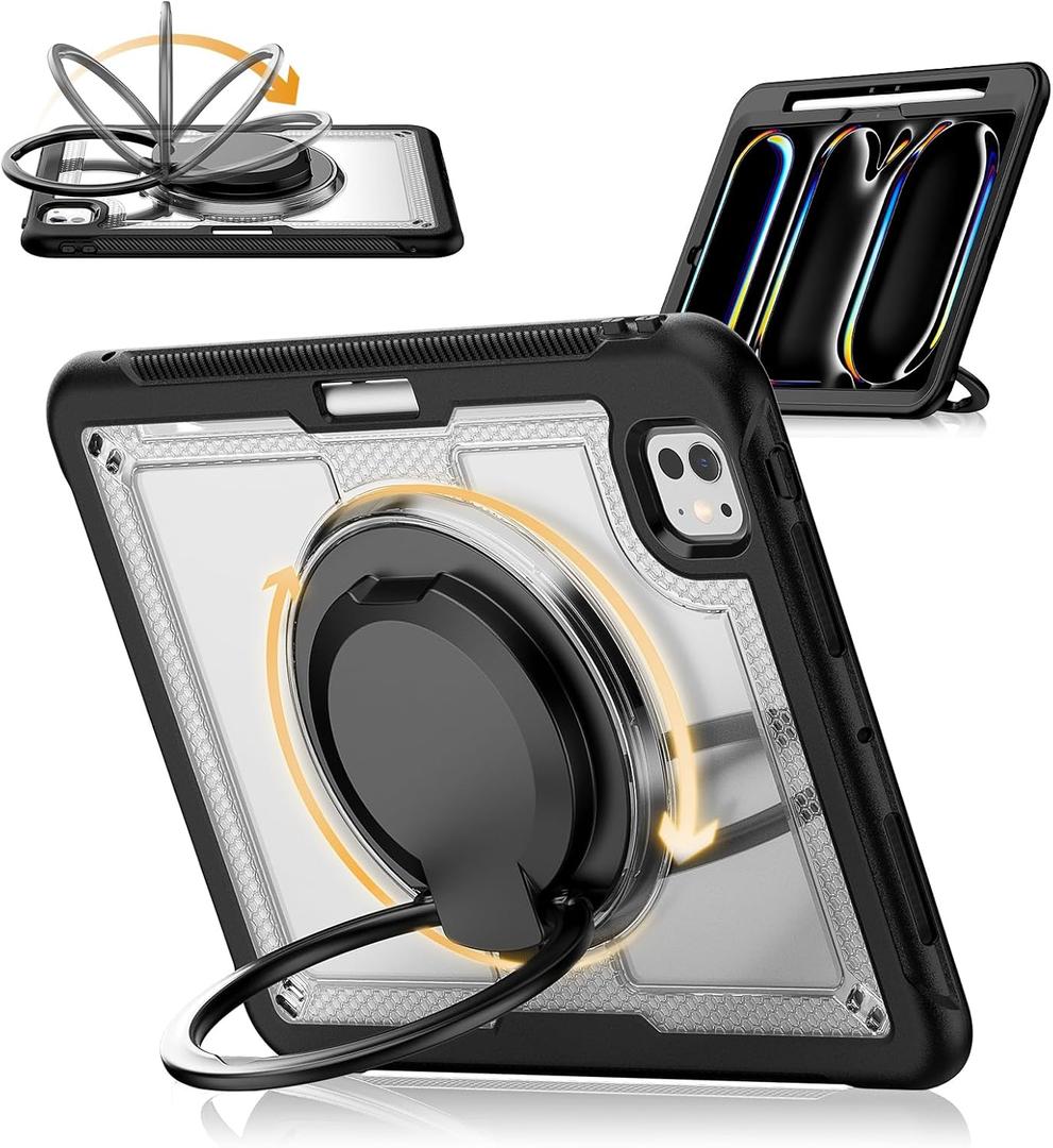 Case for iPad Pro 11 Inch M4 2024,Shockproof Protective Cover,360 Rotating Handle Stand, Adjustable Shoulder Strap& Pencil Holder (Transparent) (Clear)