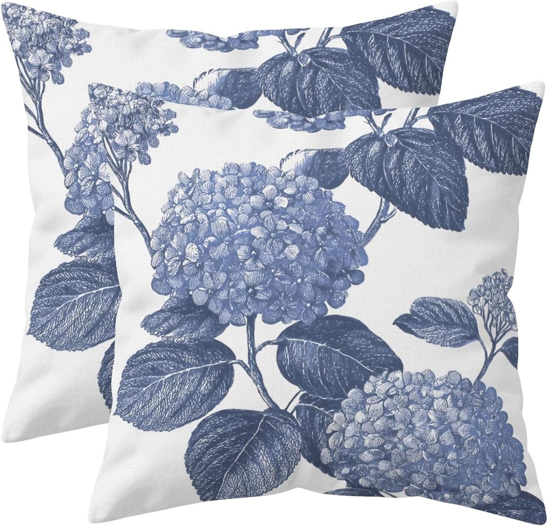 Blue Floral Throw Pillow Covers 18x18 Inch Set of 2, Vintage Botanical Hydrangea Decorative Cushion Covers for Farmhouse Sofa Couch Bedroom Living Room French Country Home Decor