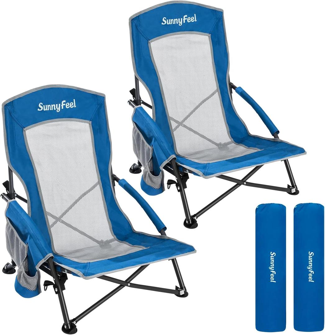 SUNNYFEEL Folding Low Camping Beach Chair 2 Pack, Lightweight Portable Lawn Chair with Mesh Back, Cup Holder for Outdoor/Travel/Picnic/Concert, Foldable Camp Backpack Chair with Carry Bag, 20D x 20W x 20H Inch