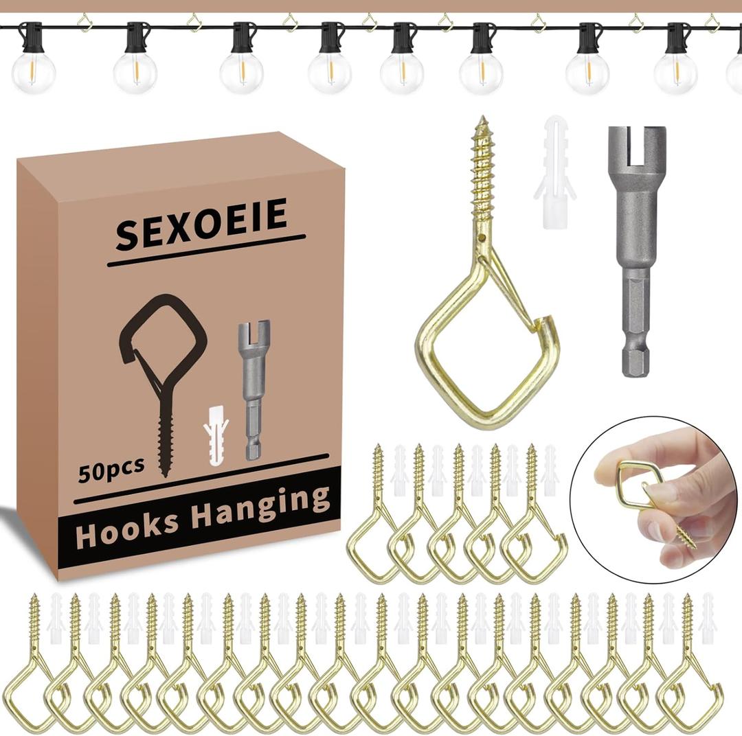 50 PCS Gold Eye Screw Hooks for Hanging Heavy Duty with Safety Buckle.Metal Ceiling Hooks for Hanging Plants Cup Wind Chime Bird Feeders Patio Lights At Indoor&Outdoor