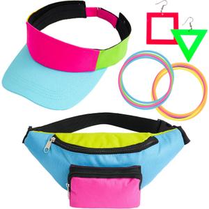 YAROMO Hip Hop Accessories for Women, 80s 90s Outfit Accessories for Women Men Neon Fanny Pack Hat Adjustable Waist Bag, Bracelet, Earrings for Retro 80s 90s Party
