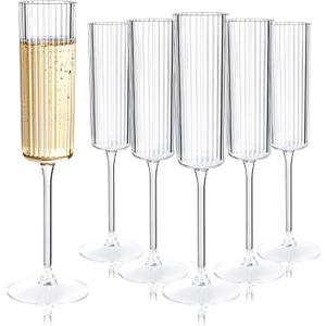 Ciaell 24 Pack Plastic Champagne Flutes - 6oz Ribbed Disposable Champagne Glasses - Clear Vintage Mimosa Glasses with Long Stem, Elegant for Weddings, Birthdays, Party