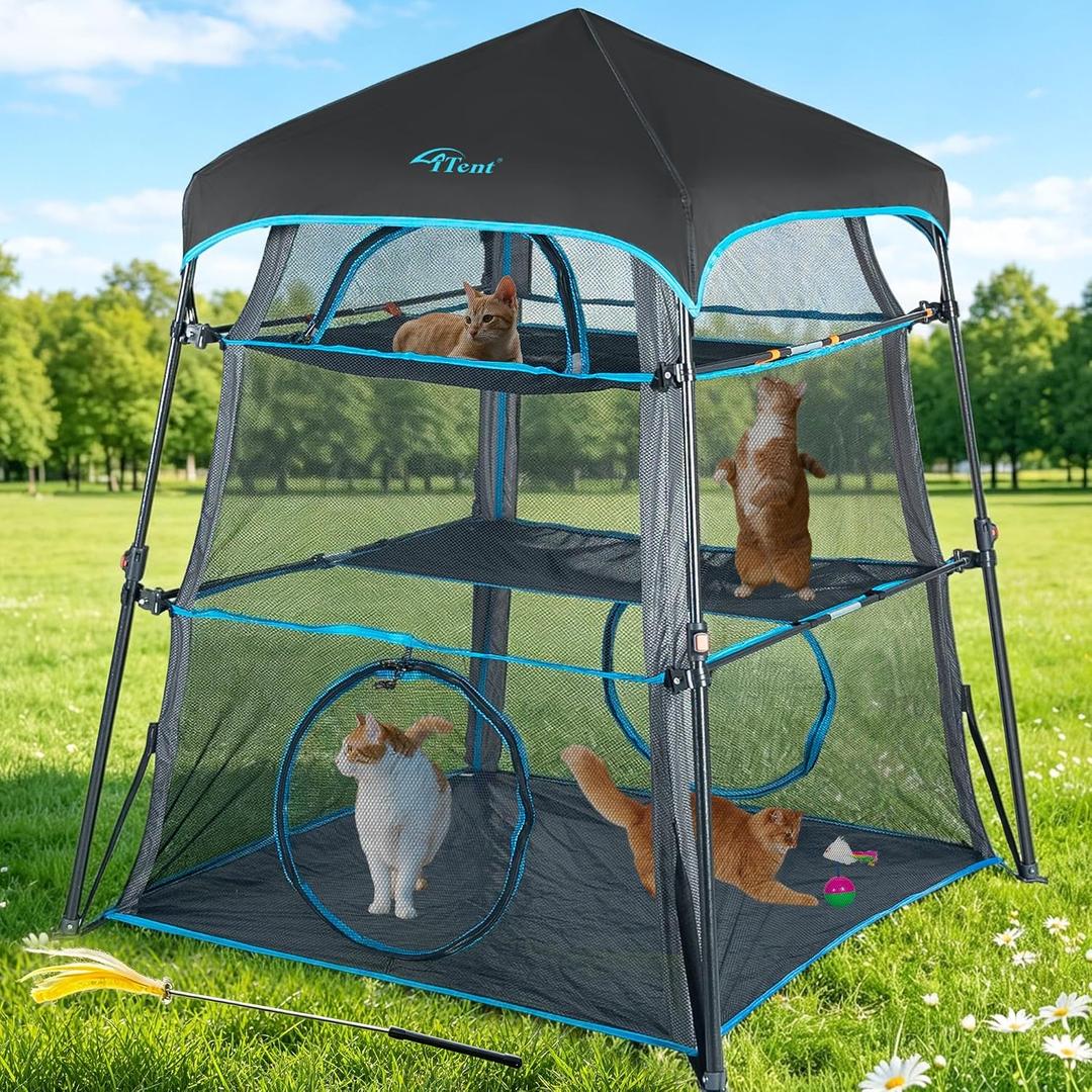 Cat Enclosure Kitten and Cat Tower Tent for Indoor and Outdoor,3 Tier Cat Cage Inside, X-Large Outdoor Catio,Portable and Foldable,Two Doors Design can Assemble More Shapes (Patented)-Blue Trim